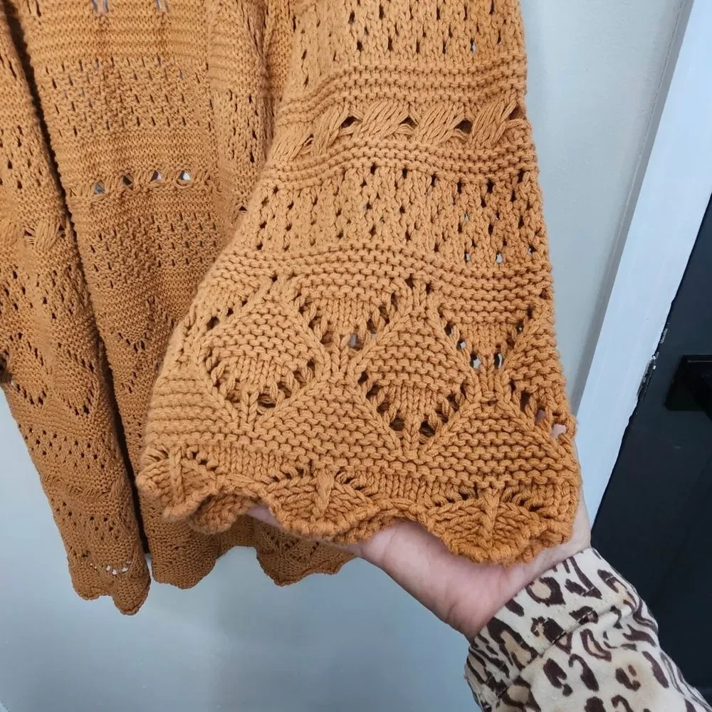 So Mustard Yellow Boho Crochet Stitch Kimono Open Cardigan Wide Sleeve M… - Picture 6 of 10